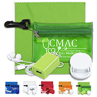 Mobile Tech Charging Cables and Earbud Kit in Zipper Pouch Components inserted into Polyester Zipper Pouch